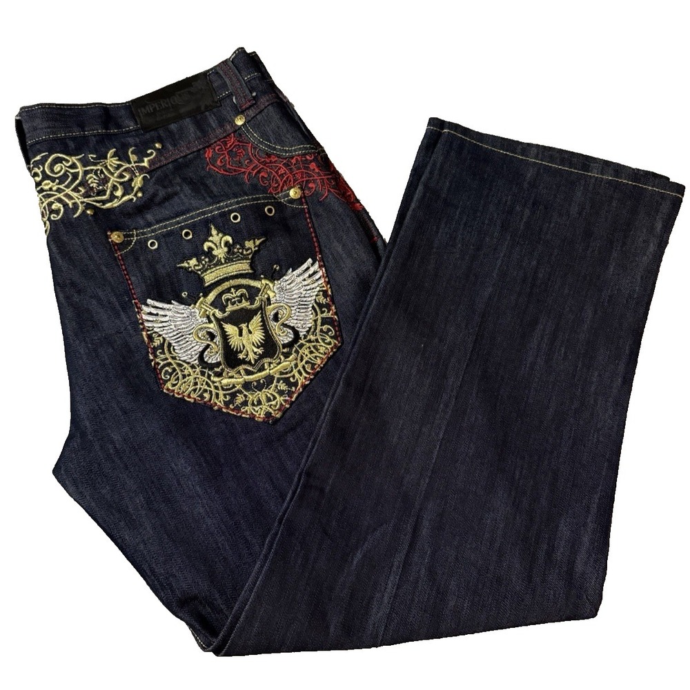 Delf Trading Imperious Jeans Y2K Baggy 90's Gold Red Embellished Men Size 40x32